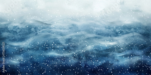 Abstract blue watercolor background with grainy texture, snow falling on the sea level, dark blue wave watercolor, banner, winter landscape