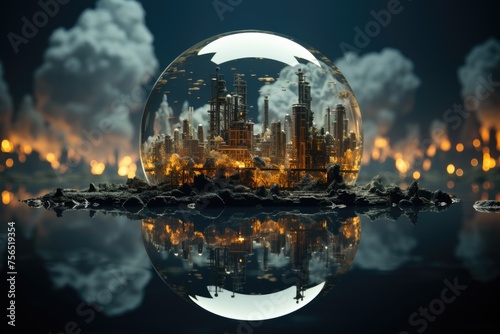 An image of a factory or a power plant surrounded by a transparent sphere. This image represents the need for a net zeco emissions and carbon capture. photo