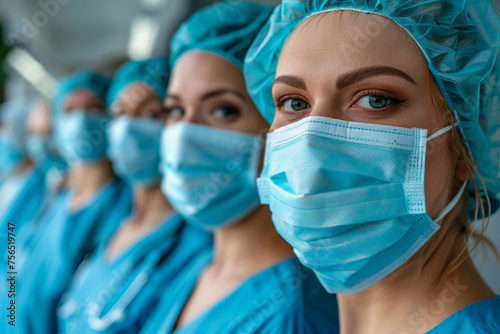 Nurses in a row with protective masks