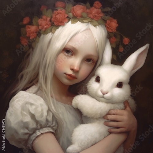 Portrait of a little girl with a cute white rabbit
