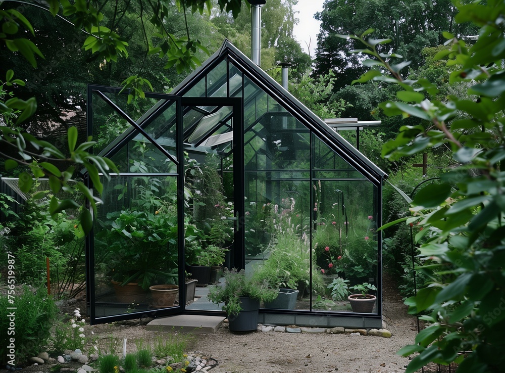 Beautiful greenhouse glass house in the garden yard near the villa. Lots of pots with different plants. Greenhouse for growing plant seedlings. Landscape garden design.