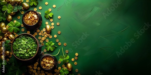 Pot of gold coins, clover leaves, St. Patrick's day, Green, Background photo