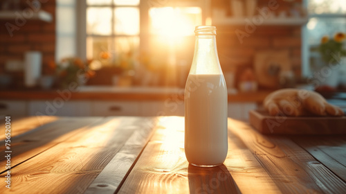 a glass bottle of milk on the table