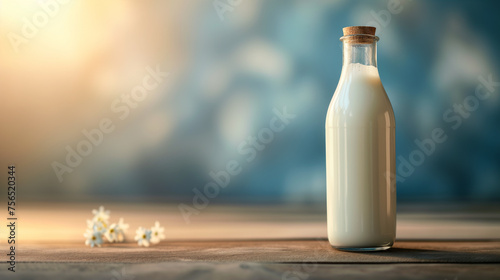 a glass bottle of milk on the table © Kate