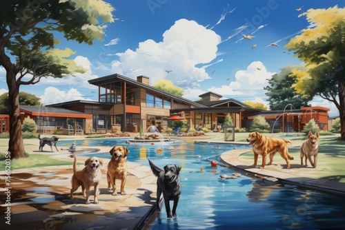 Illustration representing the loving care provided at a Dog Daycare Center. The illustration features a diverse group of dogs, each engaged in various activities. photo