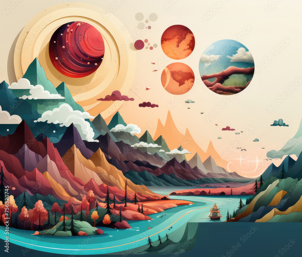 Naklejka premium A vibrant illustration featuring mountains, hot air balloons, and flowers, perfect for presentation slides.