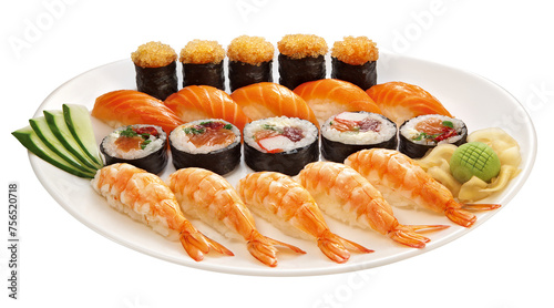 prato com combinação de diferentes tipos de sushi isolado em fundo transparente - comida japonesa
