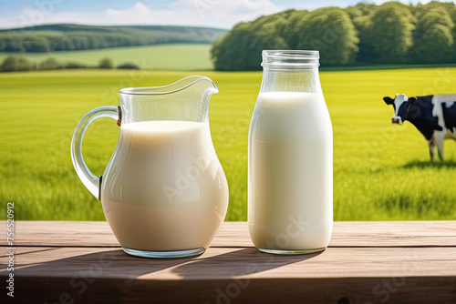 Milk in a decanter and a glass with milk, stand on the table. a farm, cows in a green meadow against a background. The concept and idea of World Milk Day. Space for the text.
