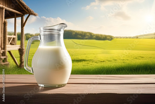 Milk in a decanter and a glass with milk, stand on the table. a farm, cows in a green meadow against a background. The concept and idea of World Milk Day. Space for the text. photo
