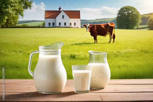 Milk in a decanter and a glass with milk, stand on the table. a farm, cows in a green meadow against a background. The concept and idea of World Milk Day. Space for the text. photo