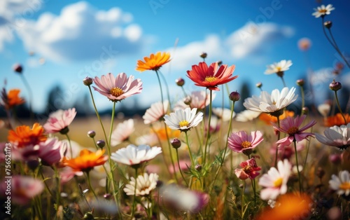A field filled with vibrant flowers blooming under a clear blue sky