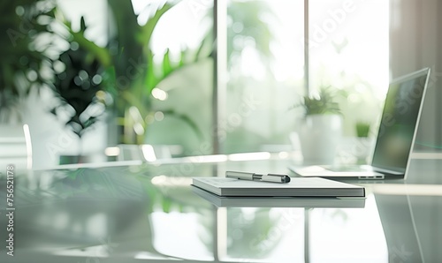 A laptop computer is placed on a wooden conference table inside a building, next to a houseplant and a window with a view of the grass outside
