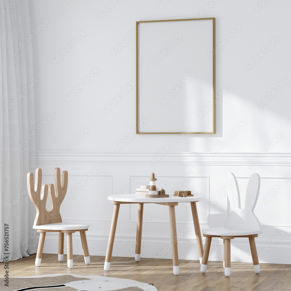 frame mockup in cozy kids room interior, poster mockup, nursery interior frame mockup, 3d render