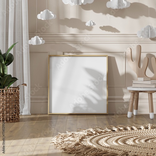 Fototapeta Naklejka Na Ścianę i Meble -  square frame mockup in cozy kids room interior, poster mockup, nursery interior frame mockup, 3d render