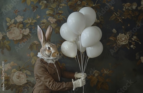 Wallpaper Mural Painting of a Rabbit holding white balloons. Easter illustration with space for text Torontodigital.ca