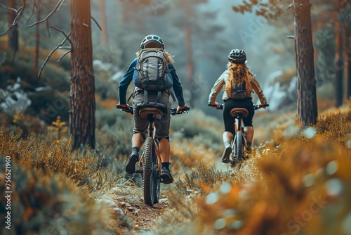 A pair of cyclists equipped with backpacks ride side by side on a forest path surrounded by autumn foliage, evoking a sense of companionship and adventure