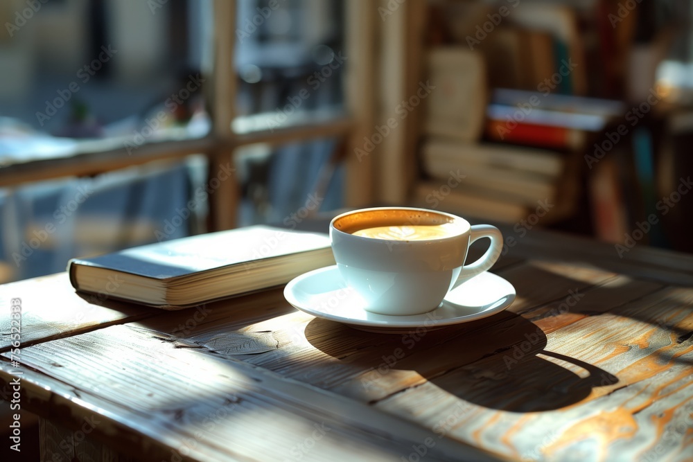 Morning Coffee in a White Cup with Sunlight. Peaceful morning scene featuring a white coffee cup with sunlight casting a warm glow on a wooden table beside an open book.