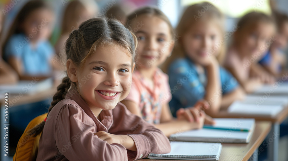 Happy cute children are sitting at desks in the classroom at school. back to school generative ai. Little girl with her classmates