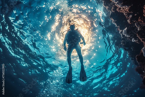 An impactful image showing a diver ascending towards the water's surface, illuminated by sunlight © Larisa AI