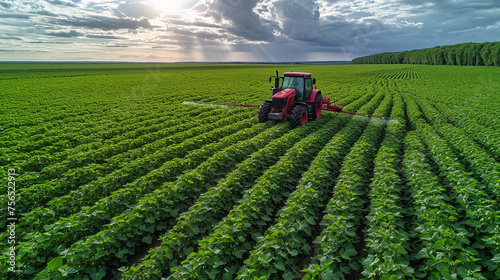 Tractor spraying pesticides on a vast green soybean plantation.