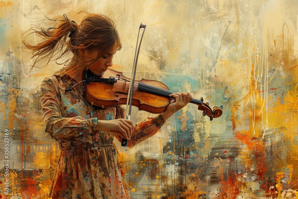 A female violinist merges with a chaotic, colorful backdrop, expressing a fusion of music and art in a contemporary style