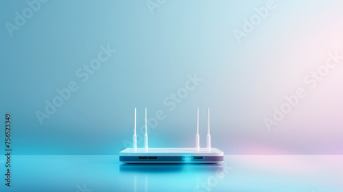 modern white router for home Internet and television networks, online communication on a light neon digital background with a gradient of blue and pink colors and copy space