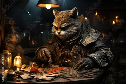Whiskered merchant of the night: fantasy game cat with illicit wares.