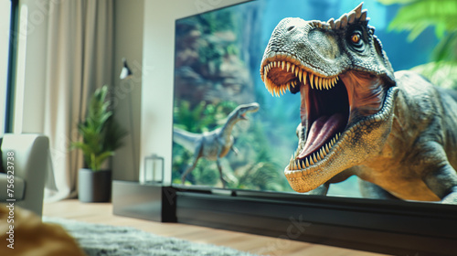 The screen of a large modern TV with a hyper realistic 3D film with a dinosaur that climbs out of the screen into a modern  cozy home interior with a sofa and house plants.