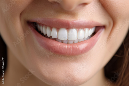 Young woman grins and proudly shows her white teeth. Generative AI