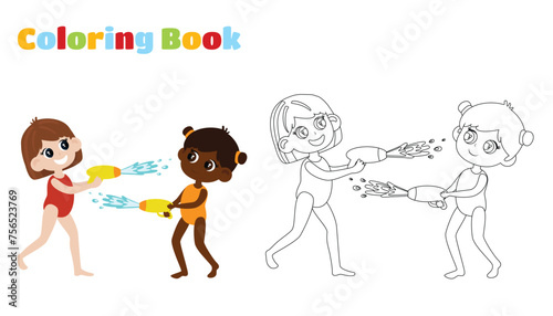 Coloring page. Children play water battle  in cartoon style.