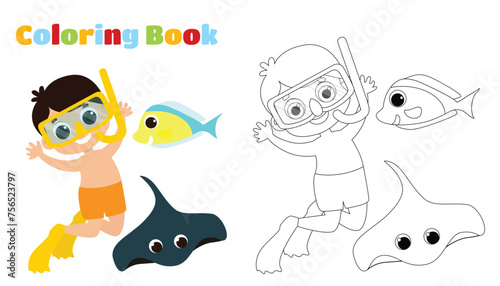 Coloring page. Cute boy diver in shorts  fins and snorkeling mask and tropical fish and stingray. Children s activity underwater.