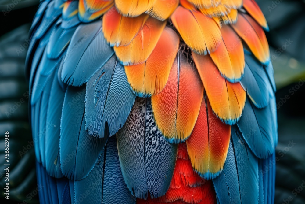 Fototapeta premium A detailed close-up shot capturing the stunning, vibrant plumage of a macaw in its full glory, booming with color and life