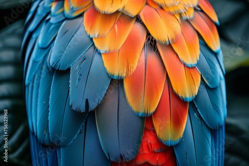 A detailed close-up shot capturing the stunning, vibrant plumage of a macaw in its full glory, booming with color and life © Larisa AI