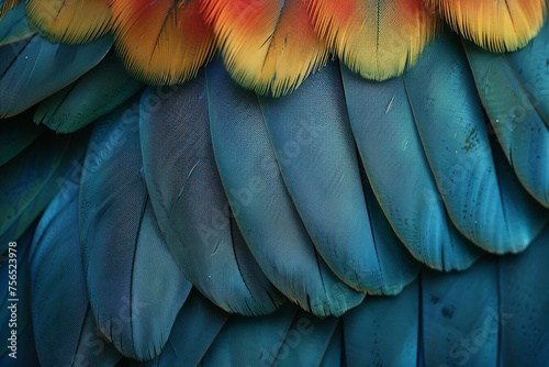 Close-up texture of blue and orange parrot feathers, highlighting detailed patterns and exotic wildlife beauty photo