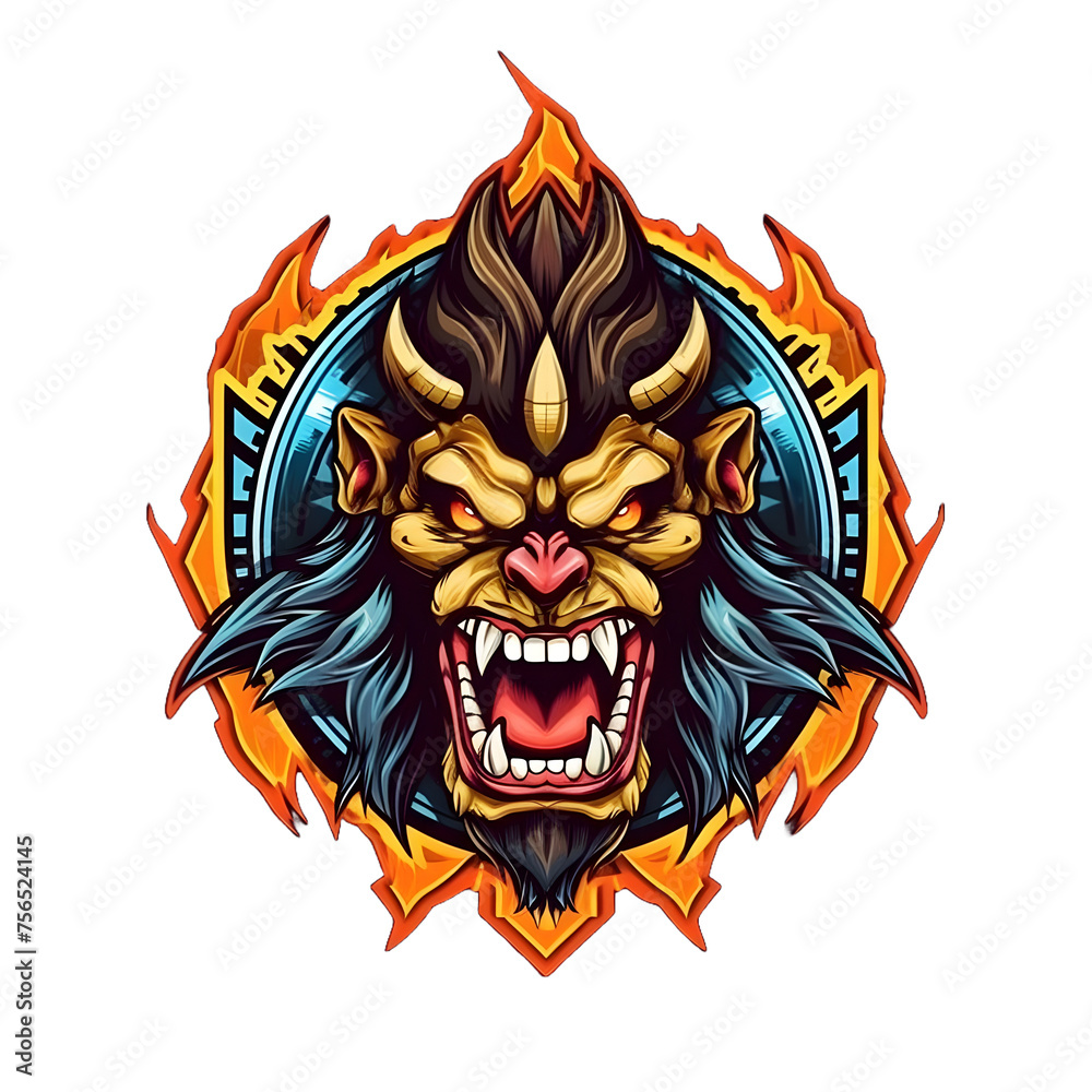 Strong Horned Ogre Chieftain Mascot Isolated on Transparent Background. Scary Monster Illustration for T-shirt Design