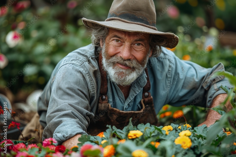 Middle-aged man with a joyful expression gardening among marigolds, with tools at hand Middle-aged man with a joyful expression gardening among marigolds, with tools at hand