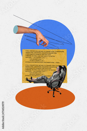 Composite collage artwork sketch image of young manager lady agent rela in office armchair huge hand fly in air text computer code near photo