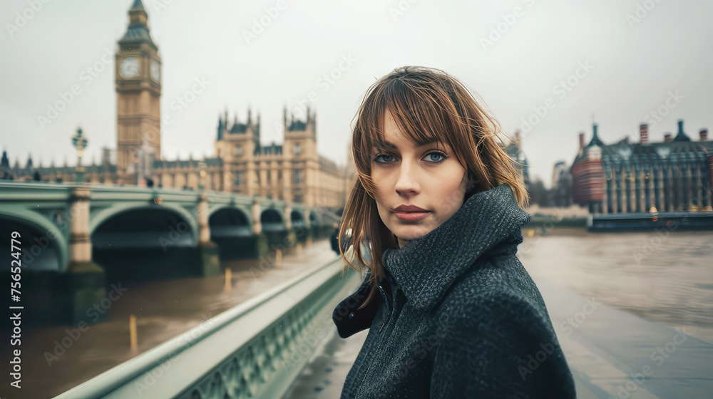Portrait of a sophisticated English woman in London, embodying elegance and British charm amidst an iconic cityscape, looking into the camera