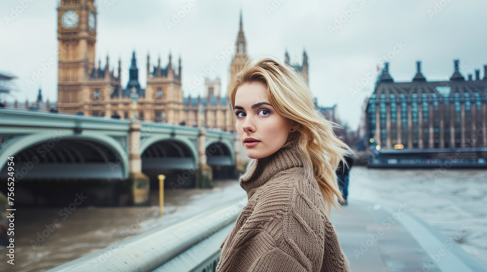 Fototapeta premium Portrait of a sophisticated English woman in London, embodying elegance and British charm amidst an iconic cityscape, looking into the camera