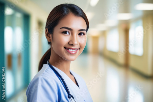 Portrait of happy young nurse asian ethnicity. Beautiful and satisfied healthcare worker in clinic looking at camera. 2/3 space for text. medical worker day concept.