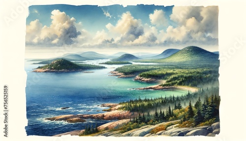 Watercolor landscape of Acadia National Park in Maine