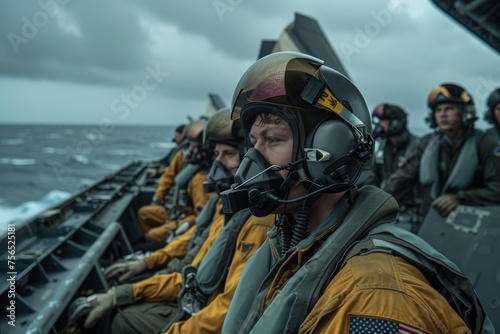 Focused aircraft crew preparing for F-35 jet landing on a stormy carrier deck © Georgii