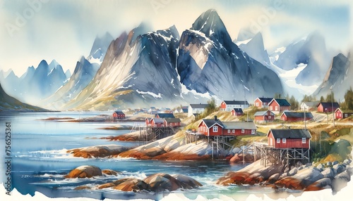 Watercolor landscape of Lofoten, Norway
