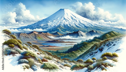 Watercolor landscape of Mount Ruapehu, New Zealand photo