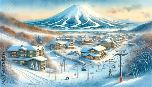 Watercolor landscape of Niseko, Japan photo
