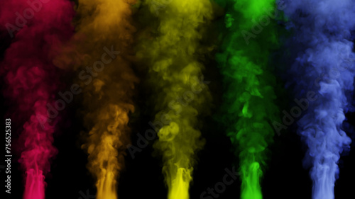 Clouds of multi-colored smoke rise up on a black background. 3d illustration.