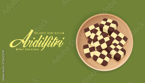 Hari Raya Aidilfitri background design with Kuih Raya. Malay means Fasting day celebration, I seek forgiveness, physically and spiritually.