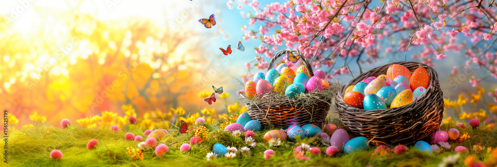 Fototapeta premium Easter Bunny Decorated Eggs Adorable Rabbit Spring Color Copy Space Banner Header