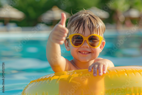 a kid shows thumb up on a swimming pool, with inflatable swimming ring is recommending swimming pool for rest