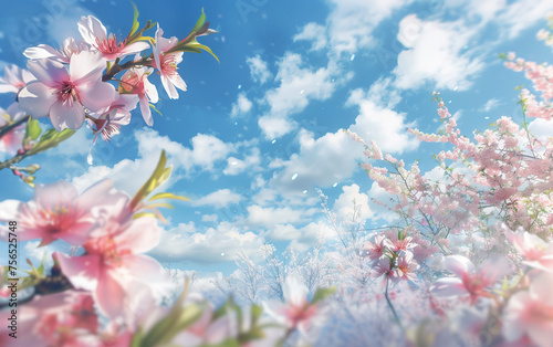 Sakura tree under blue sky,created with Generative AI tecnology.